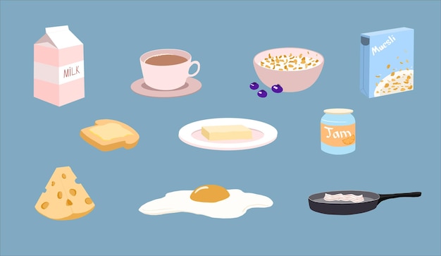Abundante desayuno con queso muesli y tocino y huevos