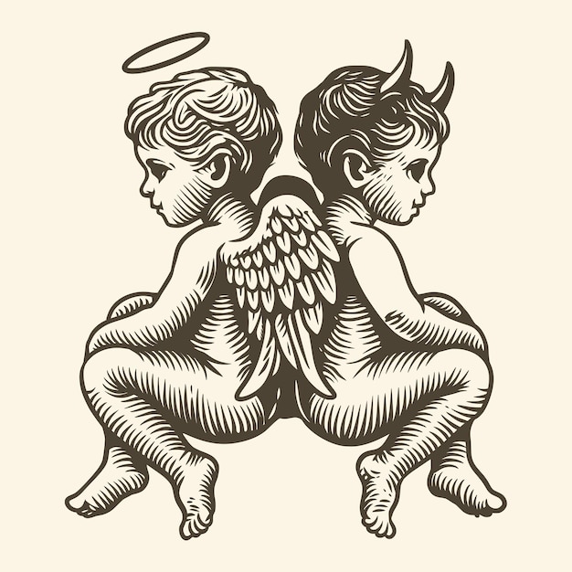 Aburrido ángel Cupido bebé y el diablo boceto vector imagen clip art