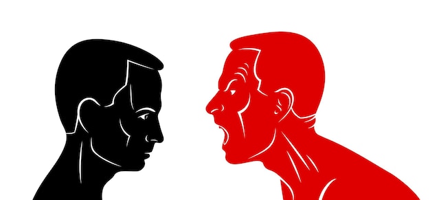 Abuso de la agresión verbal y el perfil de la cara del hombre de la ira gritando y gritando ilustración vectorial aislada en el fondo blanco.