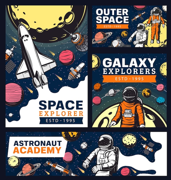 Academia de astronautas, exploración espacial y galáctica con pancartas retro de lanzaderas