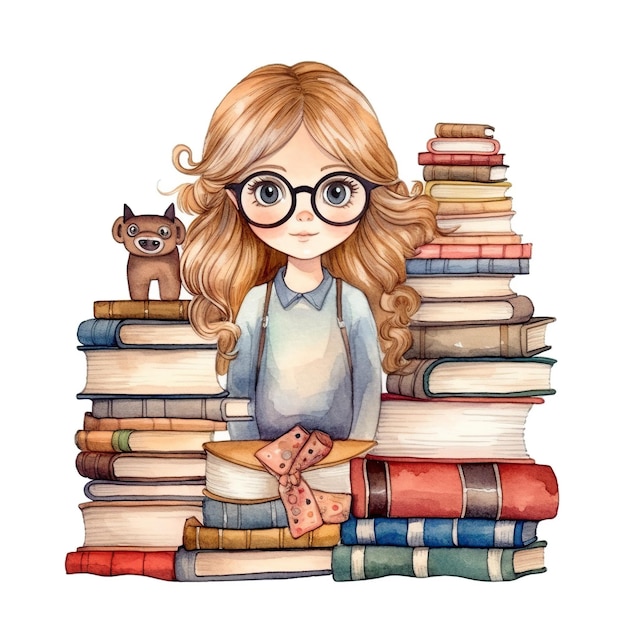 Academia bibliotecario niña arte popular acuarela clipart