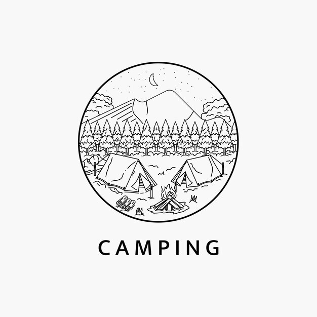 Acampada minimalista en las montañas arte de línea plantilla de ilustración de logotipo las montañas por la noche
