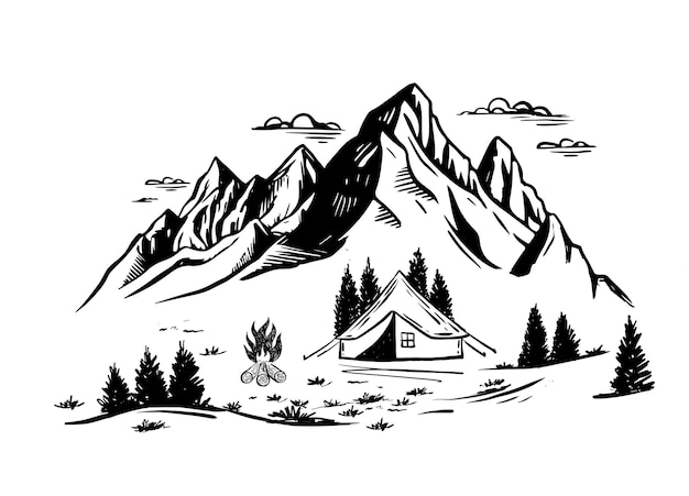 Acampada en la naturaleza Paisaje de montaña Ilustración vectorial de estilo boceto