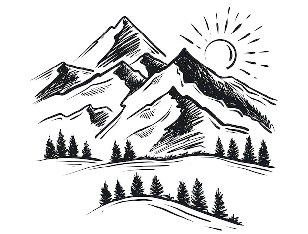 Acampada en la naturaleza Paisaje de montaña Ilustración vectorial de estilo boceto