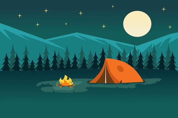 Vector acampada nocturna en el bosque con tienda y fogata montañas y luna llena en el fondo ilustración vectorial