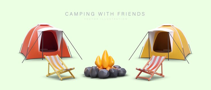 Vector acampar con amigos dos tiendas de campaña turísticas con puertas abiertas sillas plegables junto a la fogata