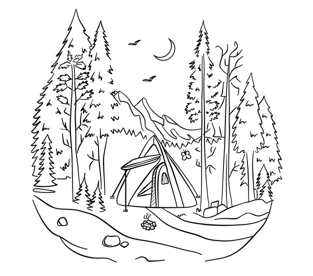 Vector acampar en el bosque dibujos para colorear