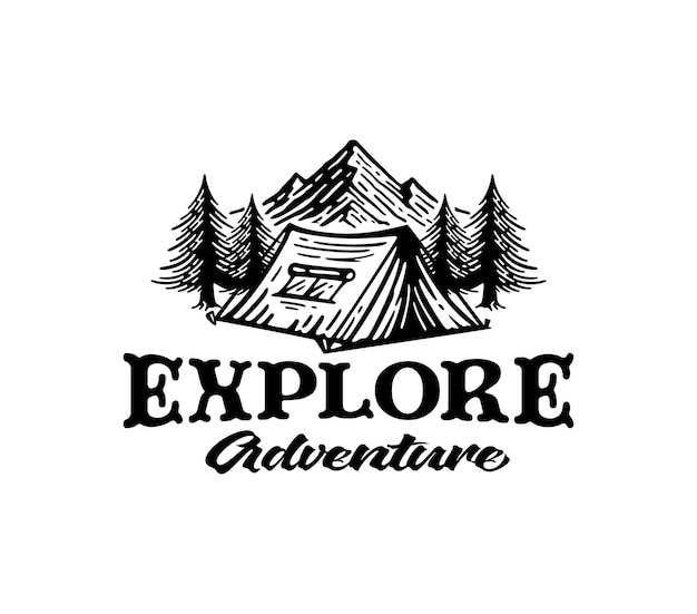 Acampar y explorar el logotipo de la montaña en vintage