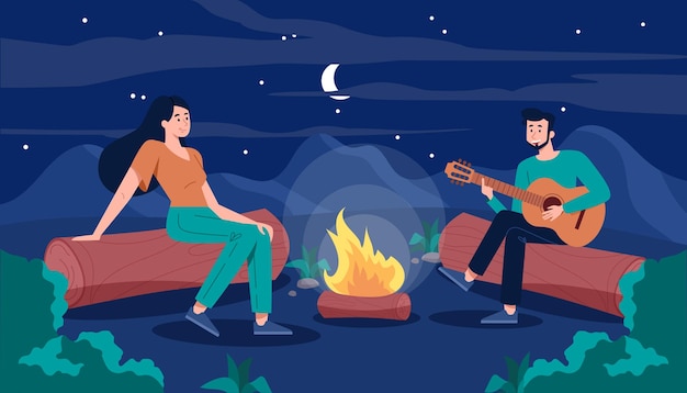 Acampar por la noche hombre con guitarra acústica y mujer en troncos cerca de la hoguera senderismo y estilo de vida activo