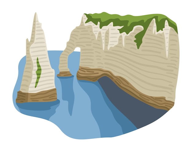 Acantilados blancos del pueblo de Estretat Alta Normandía Francia Paisaje marítimo vectorial aislado en fondo blanco