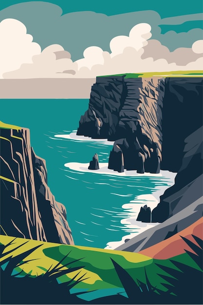 Acantilados de Moher y Burren Irlanda atracción turística vector ilustración cartel