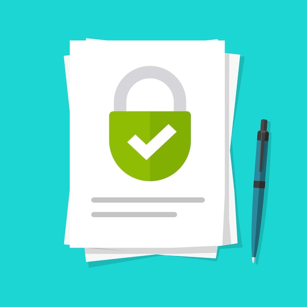 Acceso confidencial privado bloqueado al vector de archivos de información o documentos de permiso seguro ilustración vectorial plana de dibujos animados, concepto de acceso a la protección de seguridad de la información de datos, documentos de no divulgación de la nda