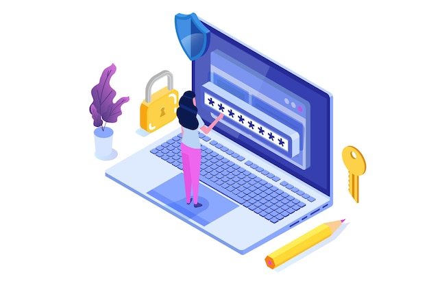 Acceso a datos, concepto isométrico de contraseña. formulario de inicio de sesión en pantalla.