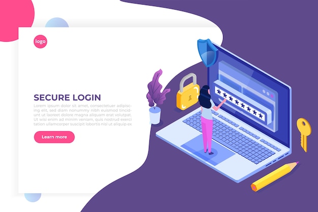 Acceso a datos, concepto isométrico de contraseña. formulario de inicio de sesión en pantalla.
