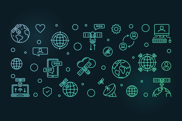 Acceso a Internet a través de satélite concepto vectorial línea delgada bandera de color. Tecnología de comunicación ilustración horizontal con fondo oscuro