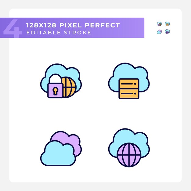 Vector acceso seguro al conjunto de iconos de color rgb perfectos de píxeles de almacenamiento basado en la nube