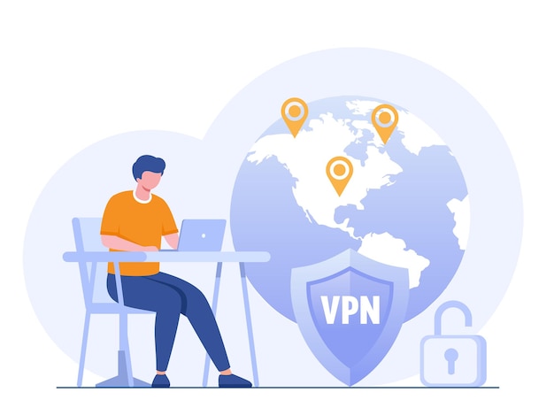 Acceso VPN VPN para proteger los datos personales en la computadora del teléfono inteligente Red privada virtual Conexión de red segura y banner de ilustración de vector plano de protección de privacidad