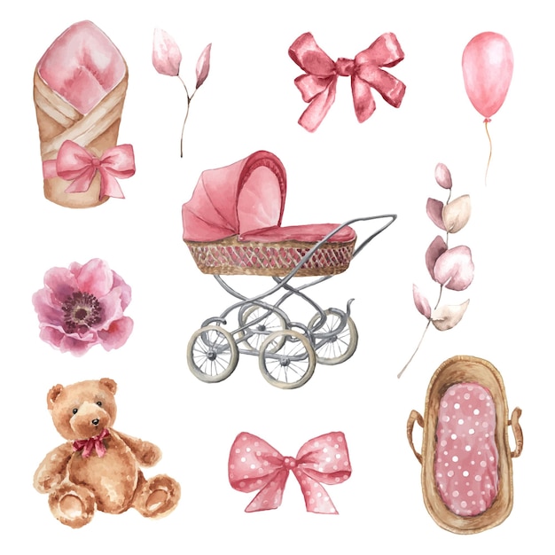 Accesorios de acuarela para clipart de niña recién nacida