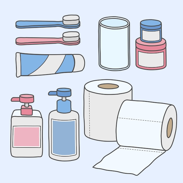 Accesorios artículo baño ilustración vectorial lindo dibujado a mano