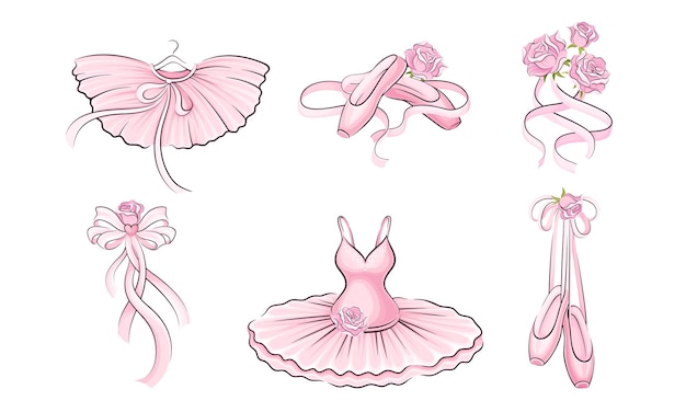 Accesorios de ballet con falda Tutu y par de zapatillas de punta Conjunto vectorial