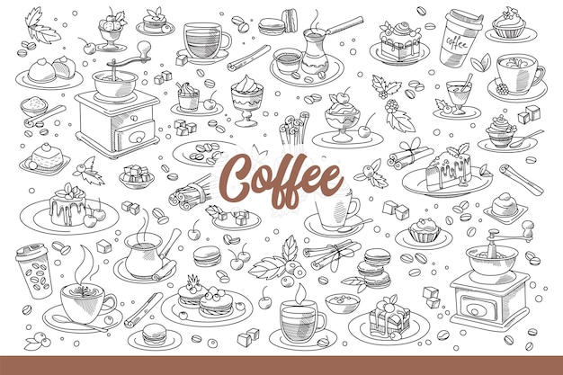 Accesorios de café y granos para un delicioso desayuno estimulante dibujado a mano