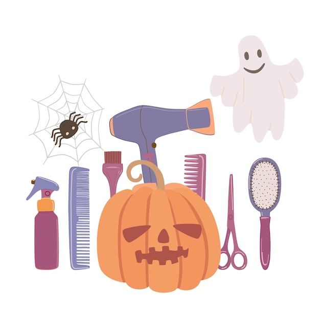 Accesorios de calabaza y peluquería peine tijeras Feliz día de Halloween herramientas de barbero en una linda composición festiva El vector es adecuado para anuncios y decoración