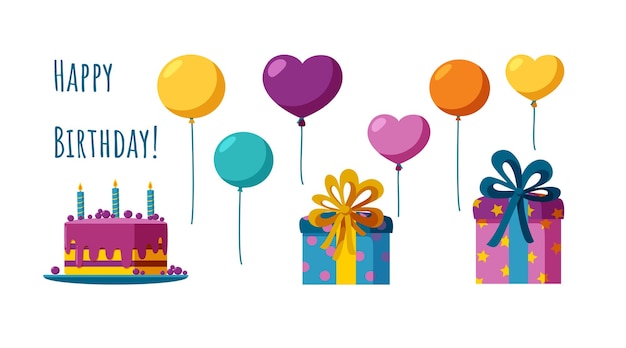 Accesorios de cumpleaños en un colorido set Pastel de globos y regalos para feliz cumpleaños