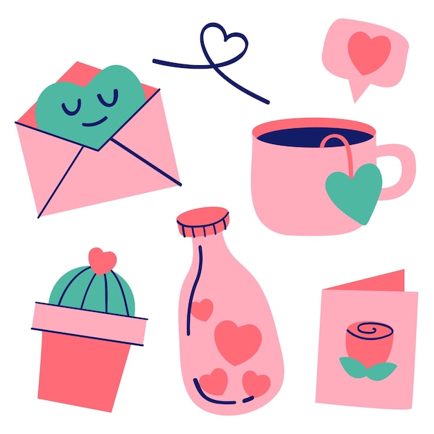 Accesorios dibujo estilo de dibujos animados Elemento de objeto para la tarjeta de San Valentín con ilustración de vector de diseño plano de dibujos animados de texto