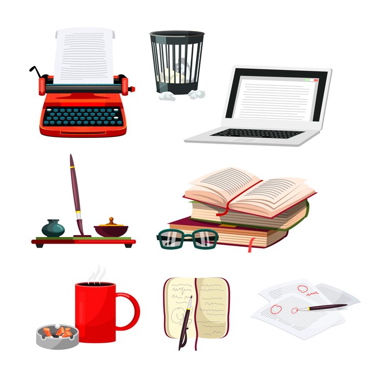 Accesorios de escritor y conjunto de atributos Máquina de escribir portátil bin vasos libro pluma tinta bloc de notas taza de café cenicero colillas de cigarrillos