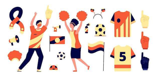 Accesorios para fanáticos Banderas aisladas herramientas para fanáticos del fútbol Sombrero deportivo animando al niño partido de apoyo Animadora chica celebración del equipo de fútbol conjunto de vectores completos