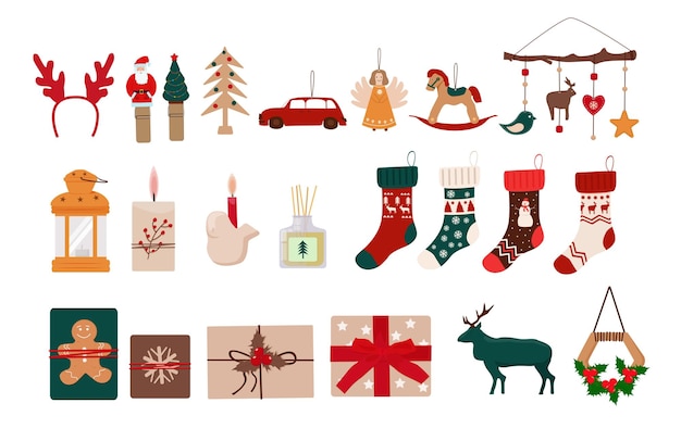 Vector accesorios festivos e invernales y artículos para navidad y año nuevo conjunto de decoraciones de invierno