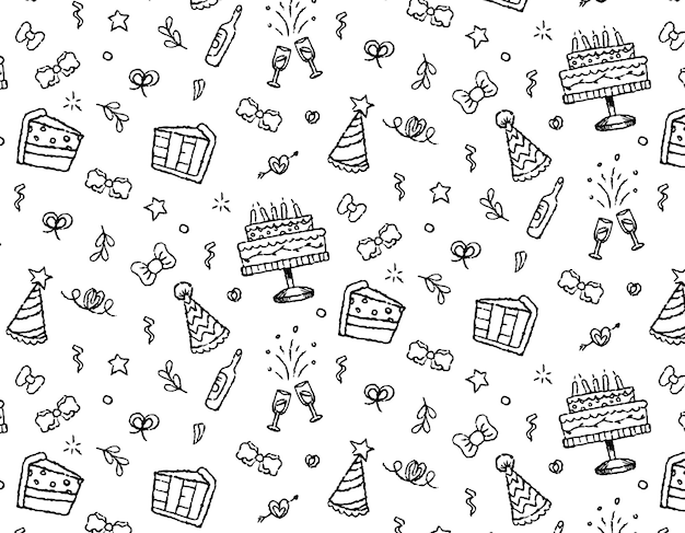 Accesorios de fiesta y cumpleaños con tema de línea de patrón sobre un fondo transparente Imprimir