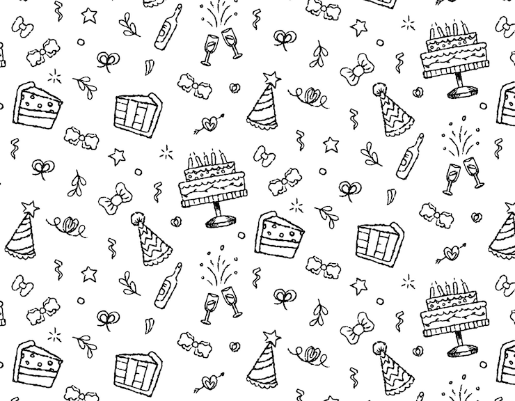 Vector accesorios de fiesta y cumpleaños con tema de línea de patrón sobre un fondo transparente imprimir