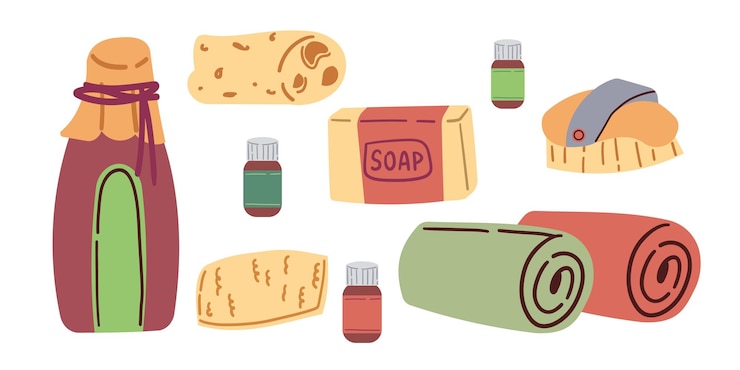 Vector accesorios de higiene de sauna, herramientas y equipos de baño. ilustración vectorial de un cubo, una toalla de baño, una esponja de gel de aceite y un cepillo. anuncio de un centro de spa o una casa de baños.