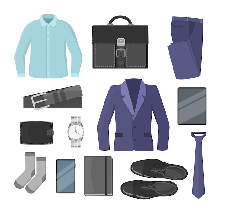 Vector accesorios de hombre de negocios o trabajador de oficina y conjunto de ilustración de vector de dibujos animados de ropa formal. corbata masculina, maletín, camisa, zapatos, cinturón, reloj, billetera, bloc de notas, tableta, teléfono inteligente, pantalones, calcetines