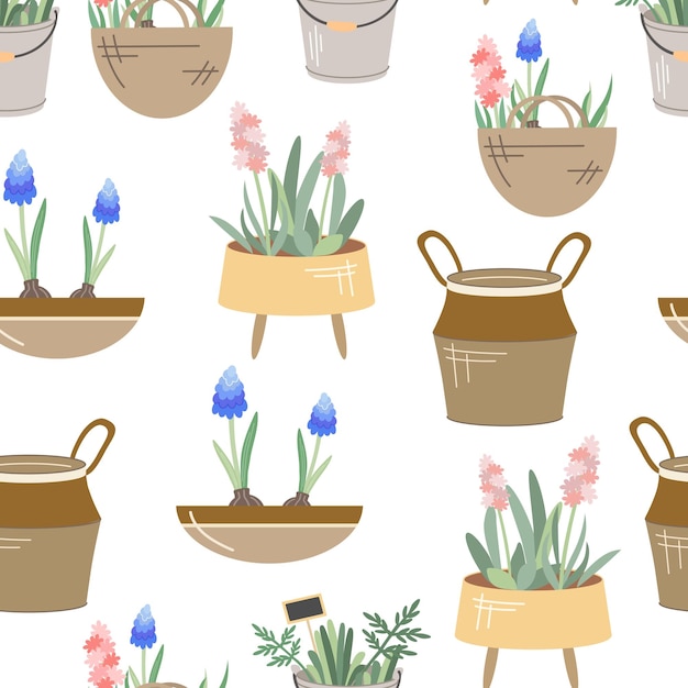 Accesorios de jardinería Patrón plano sin costuras Jacinto rosa Plantas de lavanda Pot de flores Rattan