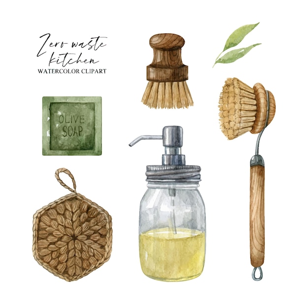 Accesorios de limpieza de platos de cocina sin residuos Conjunto de imágenes prediseñadas vectoriales de acuarela Ilustraciones hechas a mano