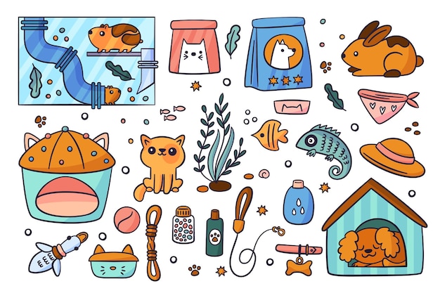 Accesorios para mascotas Animales lindos y diferentes elementos de cuidado Estilo garabatos de colores Tazón de comida Bolsa de alimentación Juguetes felinos Acuario con hámster Perro en cabina Peces y lagartos Cama de gatitos Conjunto de vectores llamativos