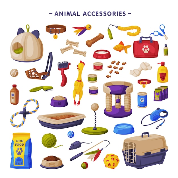 Accesorios para mascotas Gran conjunto productos para gatos y perros alimentos juguetes medicamentos veterinarios accesorios para el cuidado estilo de dibujos animados ilustración vectorial