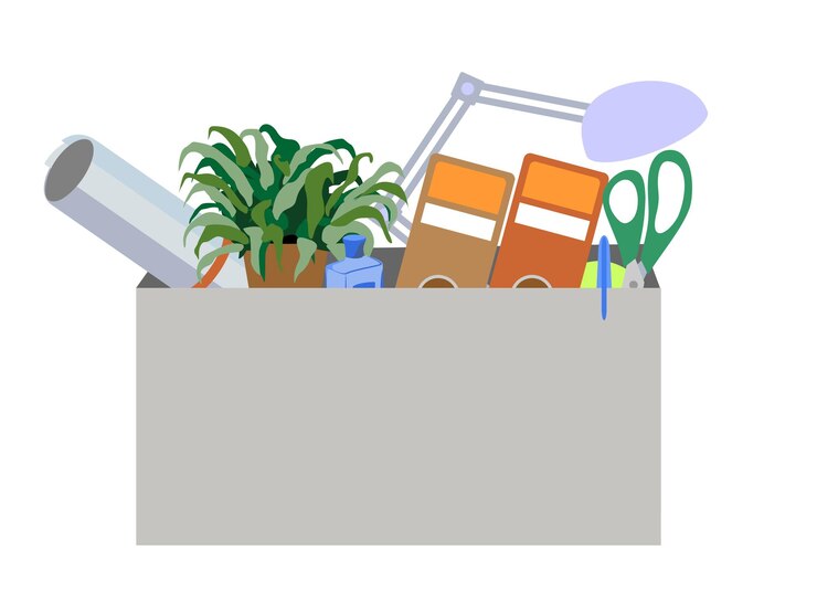 Vector accesorios de oficina en una caja de cartón con cosas documentos planta lámpara mudarse a una nueva oficina