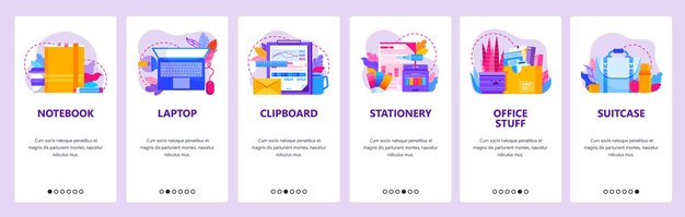 Accesorios de oficina y cosas de negocios, pantallas de incorporación de aplicaciones móviles, menú, plantilla de banner vectorial para ...