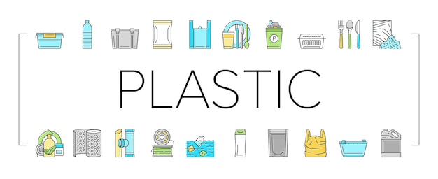 Accesorios de plástico y utensilios de iconos set vector