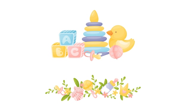 Accesorios para recién nacidos y bebés dispuestos en composición dulce con elementos florales