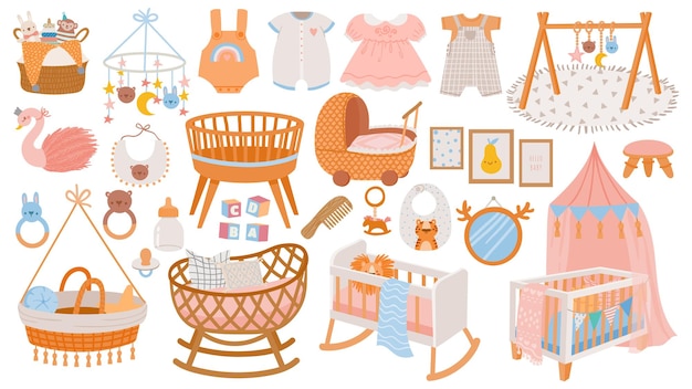 Vector accesorios para recién nacidos. decoración, mobiliario y elementos interiores de la habitación de la guardería. cunas, juguetes y vestido de bebé y ropa en conjunto de vectores de estilo boho