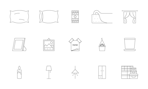 Accesorios de sala de estar y dormitorio para el hogar eps 10 ilustración vectorial de muebles iconos de ropa de cama símbolos interiores iluminación para el interior del hogar concepto de organización macetas decoraciones