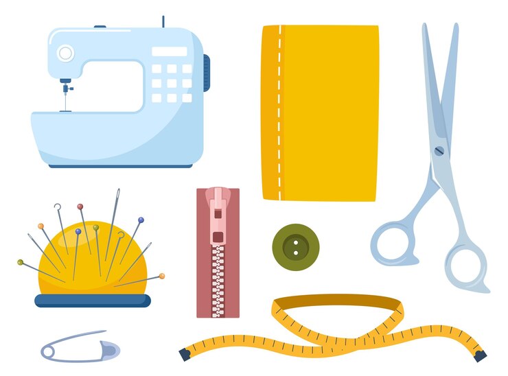 Vector accesorios para sastres, suministros y equipos para coser telas colección de confección de vestidos con botón