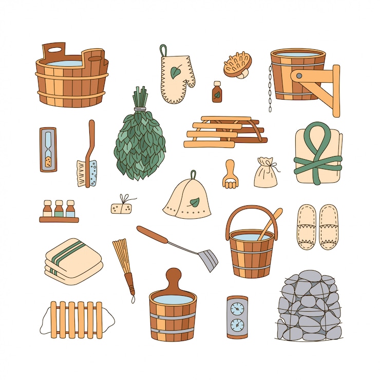 Vector accesorios para sauna: lavadora, escoba, bañera, balde, toalla y otros. accesorios de baño de madera.