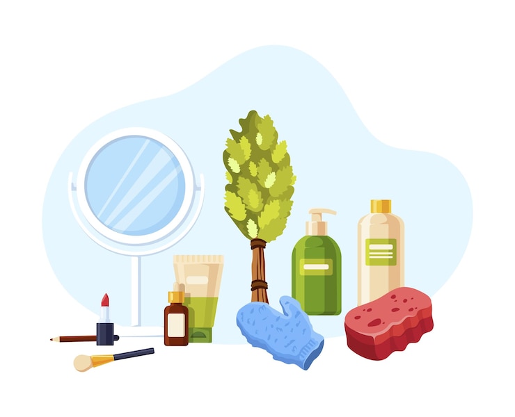 Vector accesorios para sauna tratamientos spa productos de higiene escoba de abedul toallita espejo maquillaje