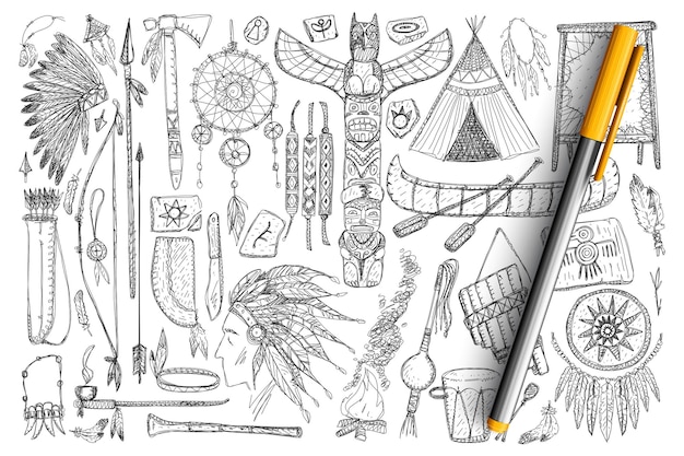 Accesorios si los indios doodle set. colección de plumas dibujadas a mano, herramientas, instrumentos musicales, barcos, herramientas para la caza y símbolos cuidados aislados.