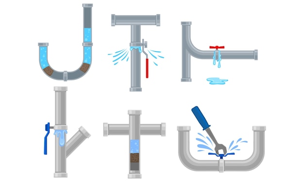 Vector accesorios de tuberías dañados o adaptadores con válvulas aisladas en el conjunto vectorial de fondo blanco